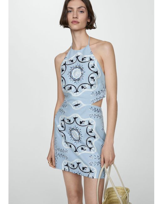 Mango Blue Printed Dress With Openings