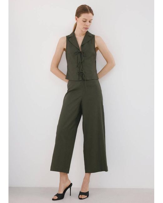 Mango Green Straight Linen-Blend Trousers