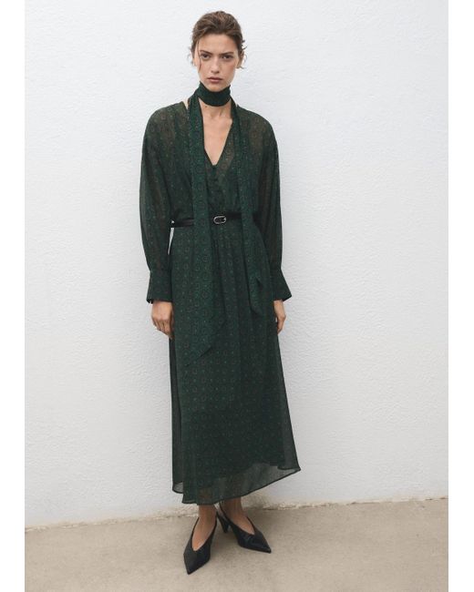 Mango Women's Green Printed Dress With Foulard