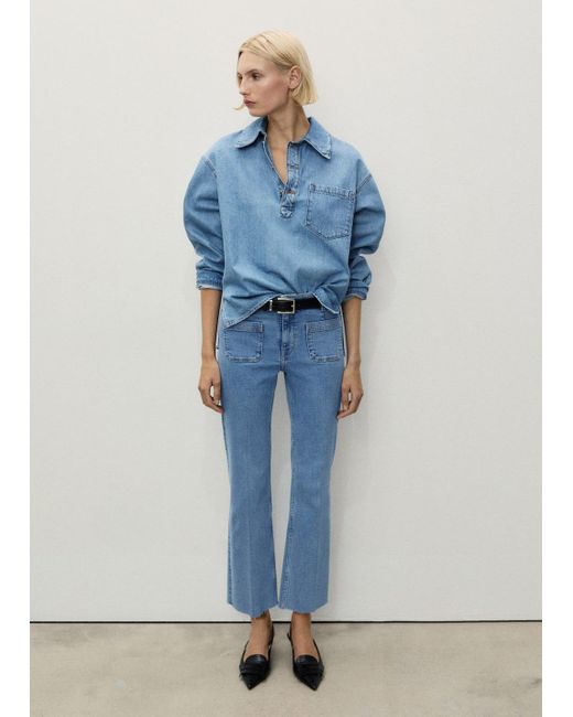 Mango Blue Flared Cropped Jeans With Pockets