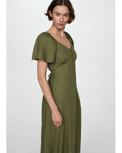 Mango Green Buttoned Linen-blend Dress