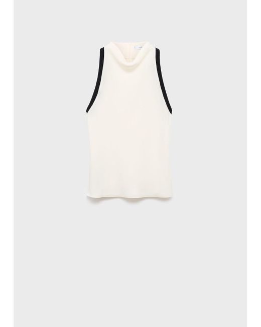 Mango White Blouse With Draped Collar And Contrasting Trim