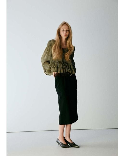 Mango Green Ruffle Blouse With Lace Details