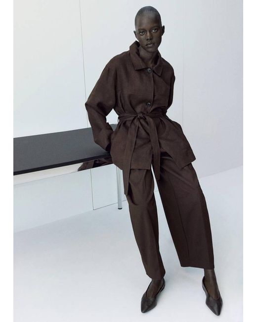Mango Brown Linen Jacket With Belt