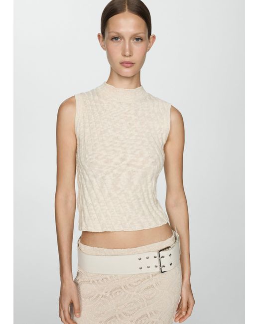 Mango White Ribbed Knitted Top With Perkins Collar Light/pastel