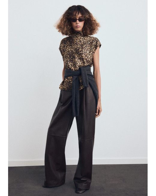Mango White Leopard-Print Satin Blouse