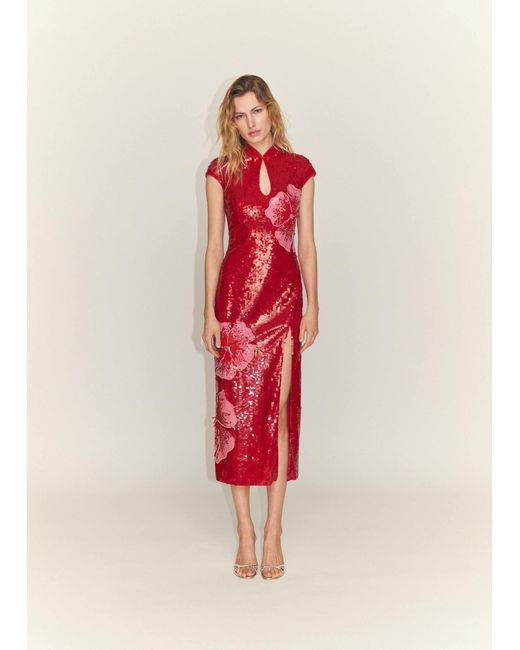 Mango Red Dress With Sequinned Flower Design
