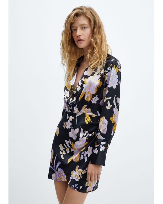 Mango Black Floral-print Satin Dress