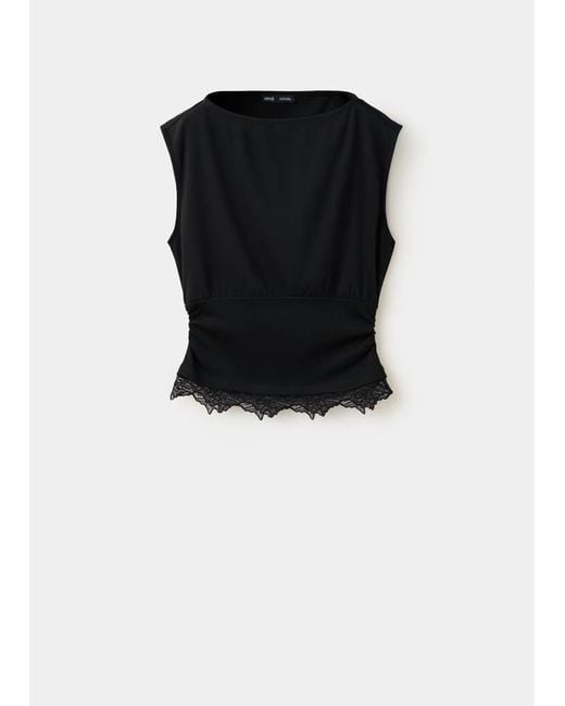 Mango Black Ruched Lace Top