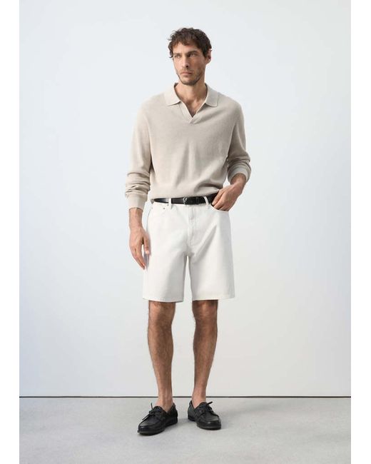 Mango White 100% Cotton Ribbed Knit Polo Shirt for men