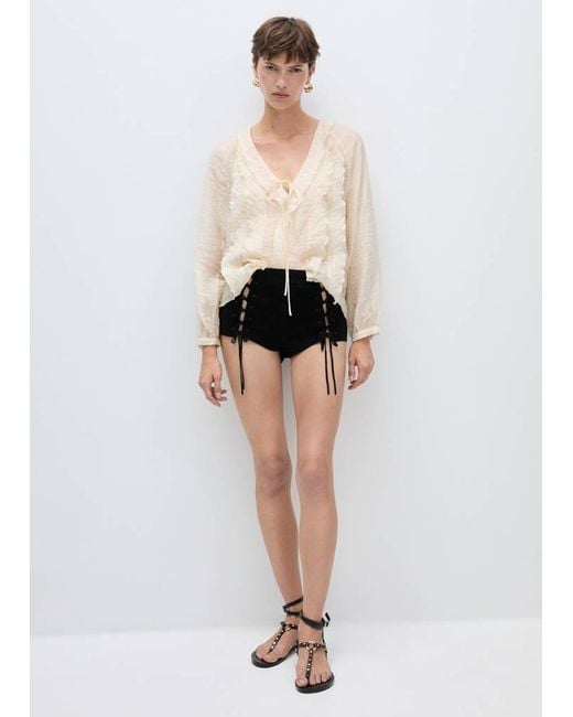 Mango Multicolor Lyocell Blouse With Bow Ecru