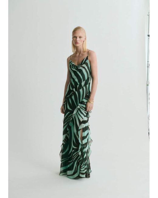 Mango Green Zebra-Print Dress With Ruffles