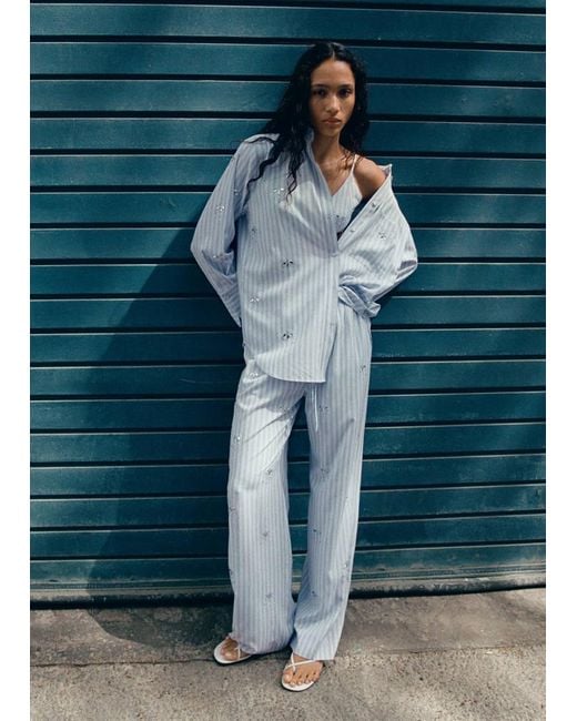 Mango Blue Striped Shirt With Rhinestone Detail