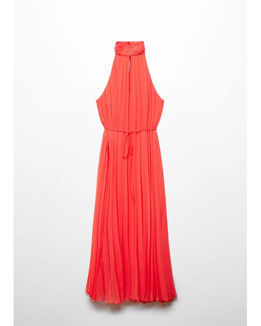 Mango Red Pleated Halter Neck Dress Coral
