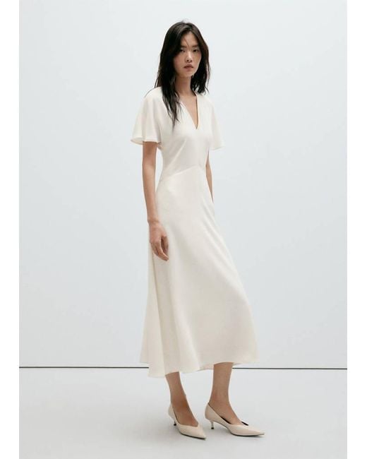 Mango White V-Neck Short-Sleeved Dress