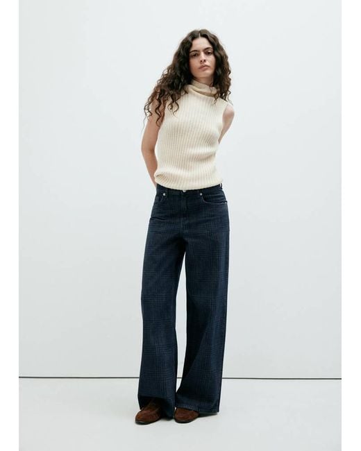 Mango White Wide Leg Plaid Jeans Open
