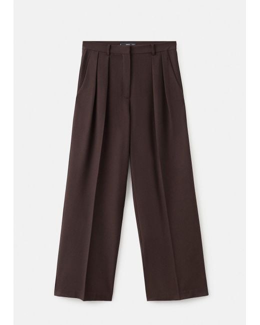 Mango Brown Wide-Leg Mid-Rise Pleated Trousers