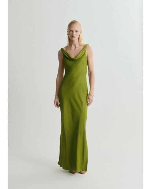 Mango Green Textured Dress With Draped Neckline
