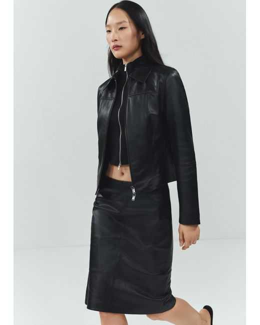 Mango Black 100% Leather Midi Skirt
