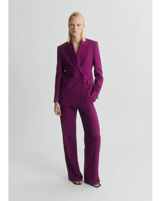 Mango Purple Linen-Blend Double-Breasted Suit Jacket