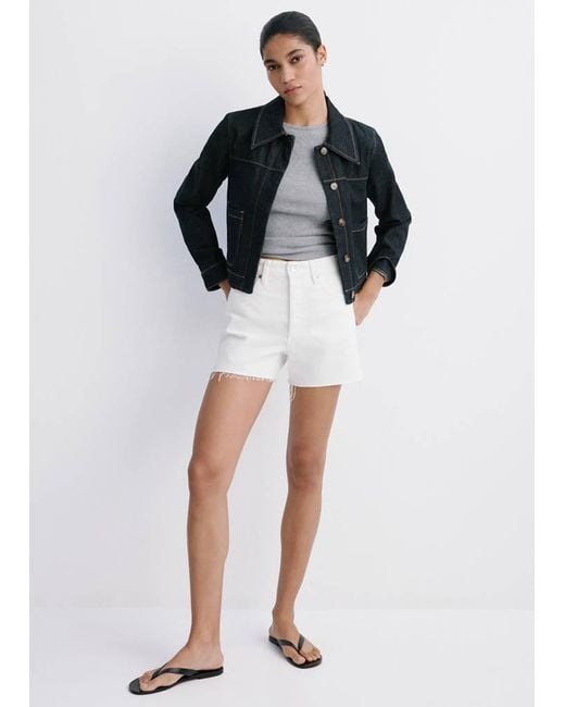 Mango White Denim Shorts With Frayed Hem