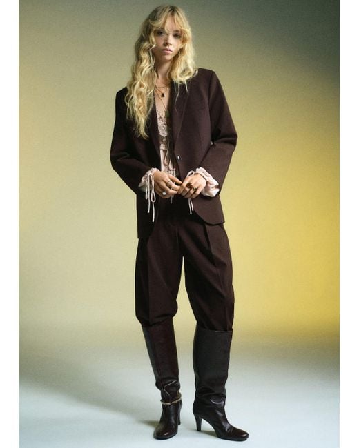 Mango Brown Wide-Leg Mid-Rise Pleated Trousers