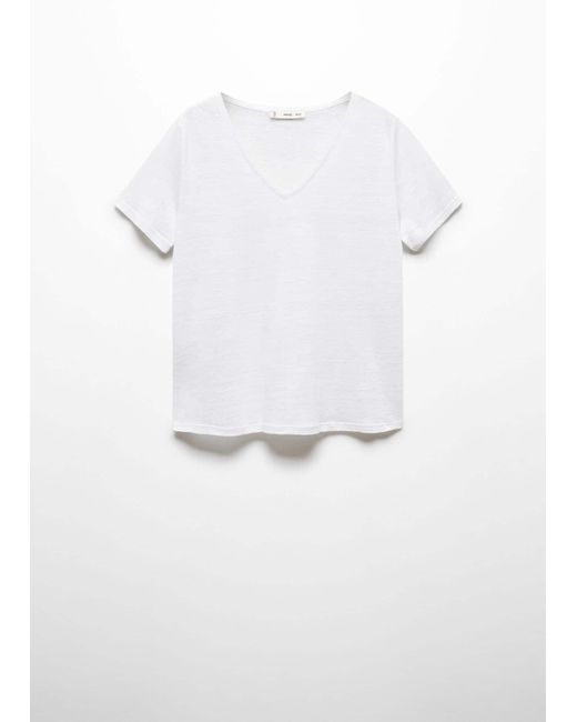 Mango White V-neck Linen T-shirt