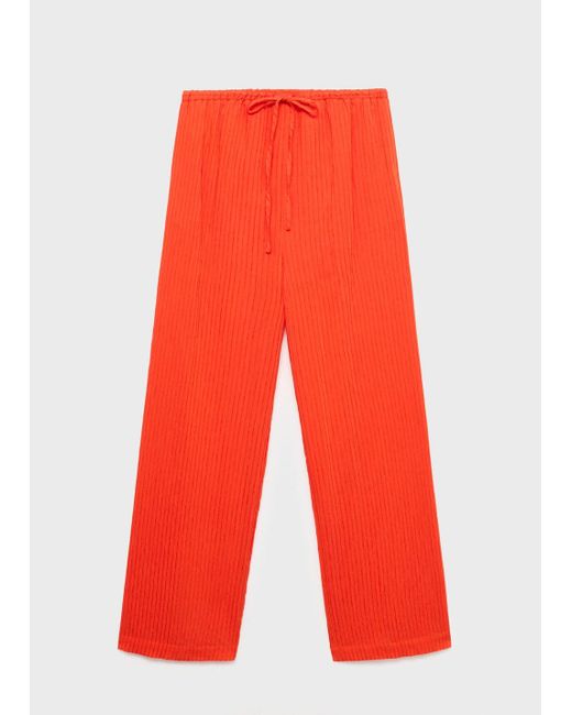 Mango Red Straight-Leg Crinkled-Effect Trousers