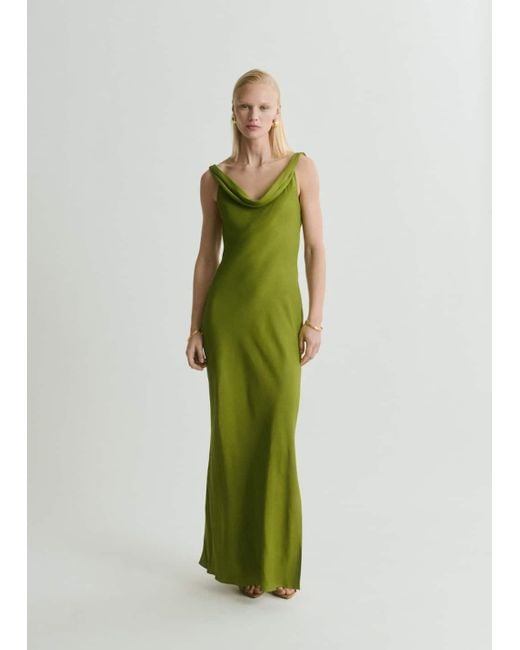 Mango Green Textured Dress With Draped Neckline