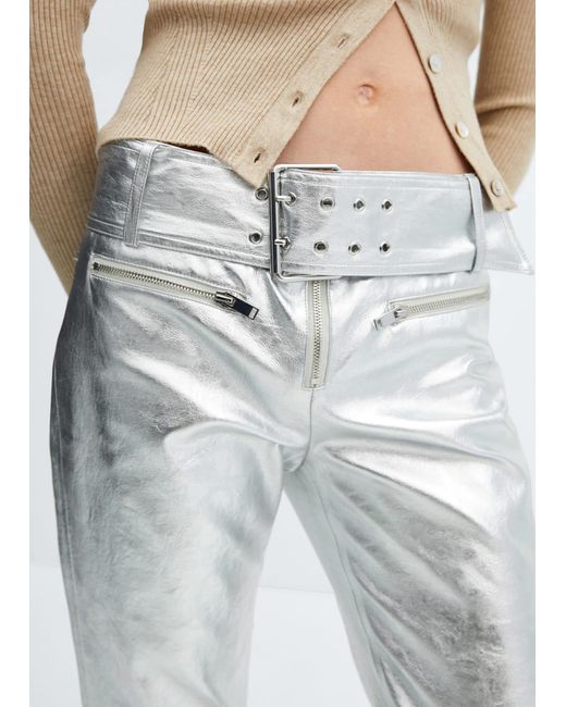 Mango White Metallic Trousers With Belt