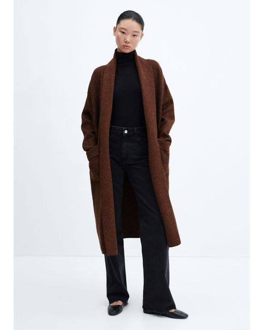 Mango Brown Oversized Knitted Coat With Pockets