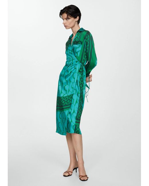 Mango Green Printed Bow Dress