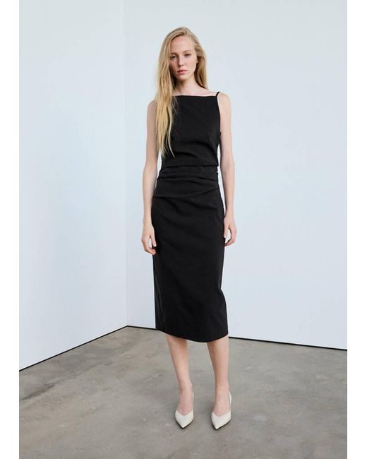 Mango Black Midi Dress With Pleat Details