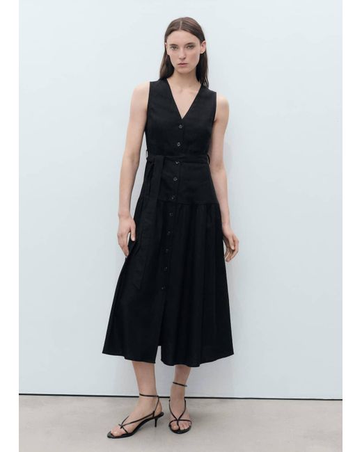 Mango White Linen Midi-Dress With Belt