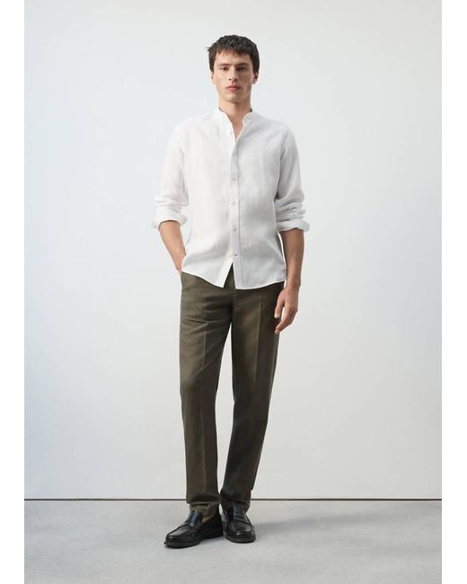 Mango White 100% Linen Mao Collar Shirt for men
