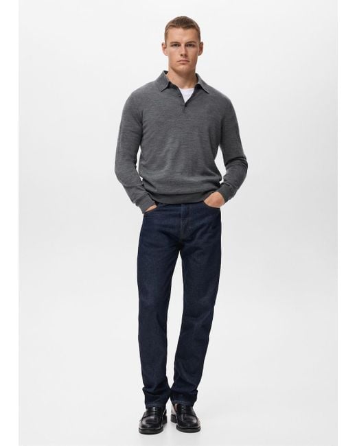 Mango Blue 100% Merino Wool Polo Jumper Medium Heather for men