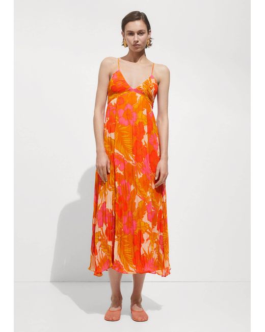 Mango Orange Printed Dress With Draped Detail
