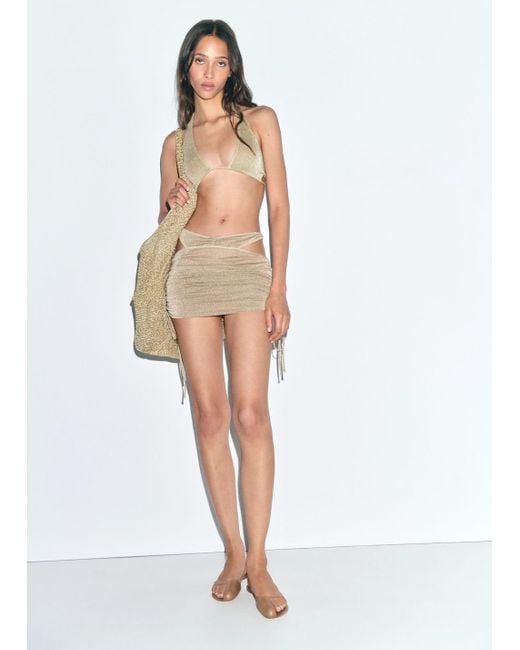 Mango White Lurex Gathered Skirt With Cut-Out