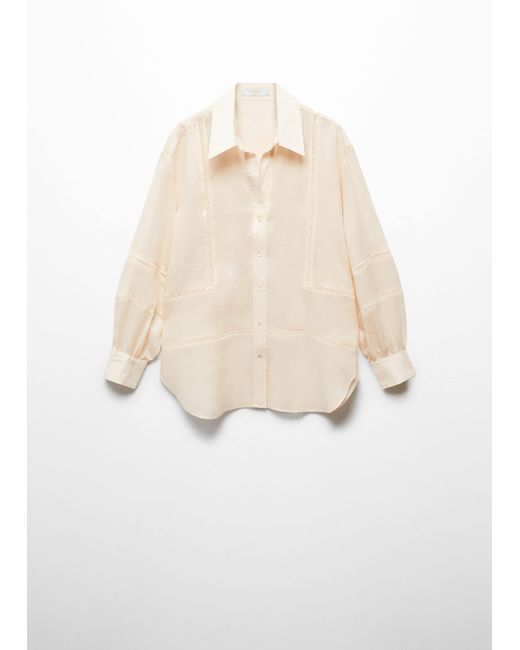 Mango White Ramie Shirt With Embroidered Details