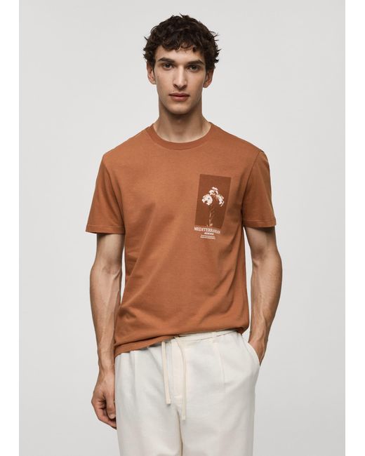 Mango White Slim Fit 100% Printed Cotton T-shirt Burnt for men