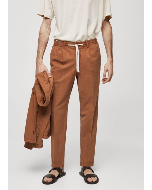 Mango White Linen-blend Slim-fit Trousers With Drawstring Burnt for men
