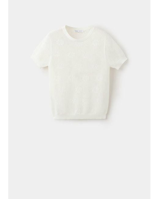 Mango White Semi-Sheer Crochet Sweater With Flowers