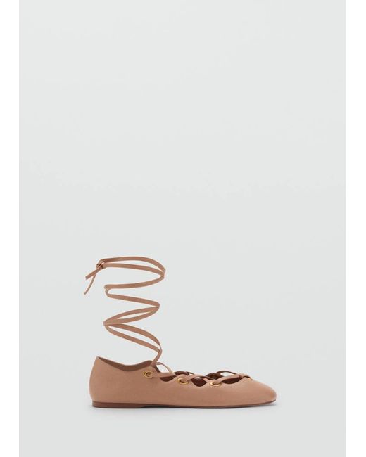 Mango Gray Leather Ballet Flats With Crossed Straps