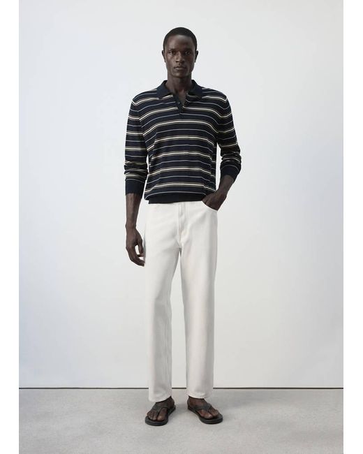 Mango White 100% Cotton Fine-Knit Striped Polo for men