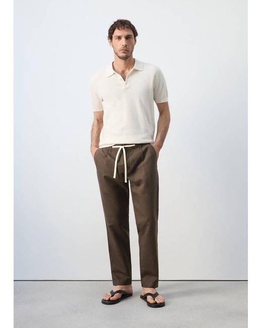 Mango White Slim Fit Cropped Linen-Cotton Trousers for men