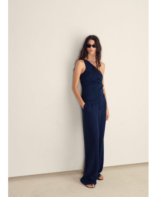 Mango Blue Wide Leg Lyocell Pants With Pleats