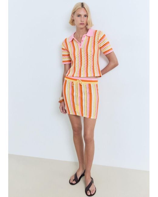 Mango White Two-Tone Striped Crochet Sweater
