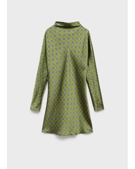 Mango Green Satin Printed Dress With Perkins Collar