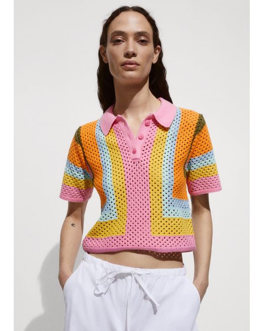 Mango White Short Sleeve Crochet Polo Shirt
