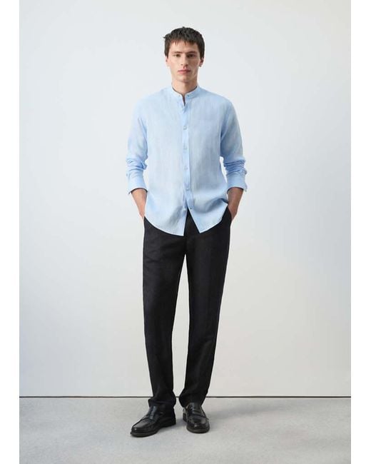 Mango White 100% Linen Mao Collar Shirt for men